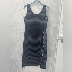 Tribal Femme Women’s Striped Navy MIDI dress with buttons size petite small
